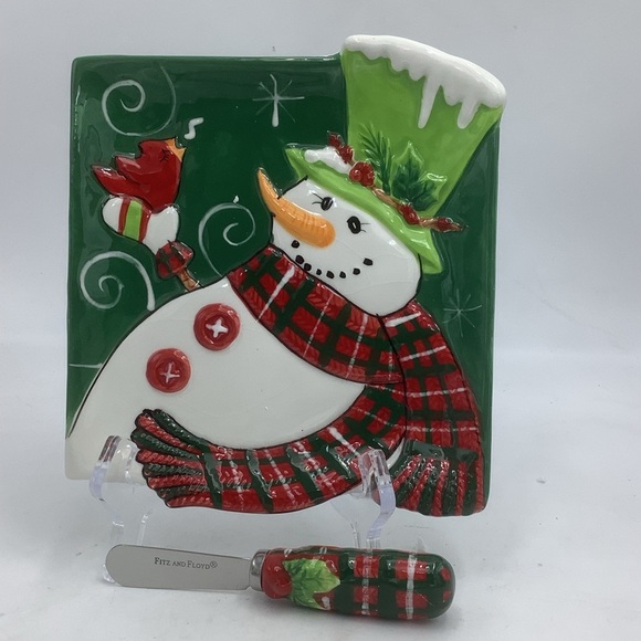 Fitz and Floyd Holly Hat Snowman Snack Plate and Spreader - Picture 1 of 13